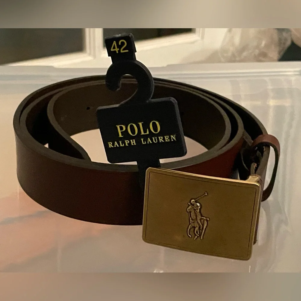 NWT  Polo Ralph Lauren Men’s Brown Leather Belt with Big Pony Gold Buckle. Sz:42